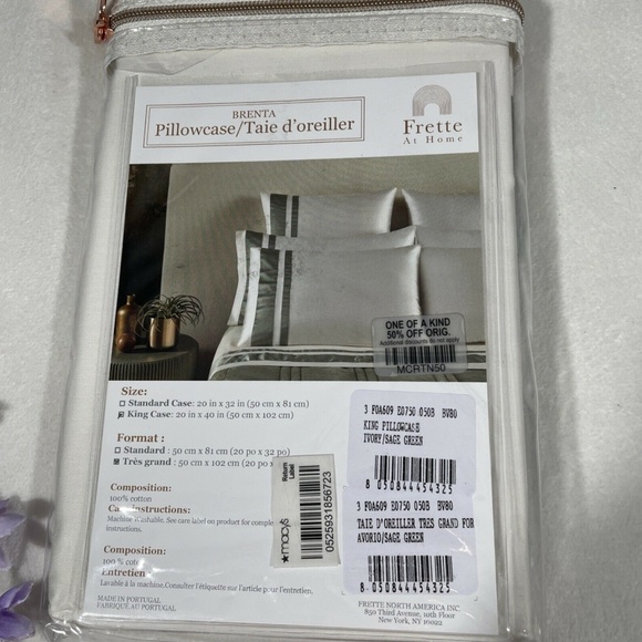 NIB [ 1‎ King ] Pillowcase for Frette At Home Brenta in Ivory / Sage Green - Picture 2 of 12
